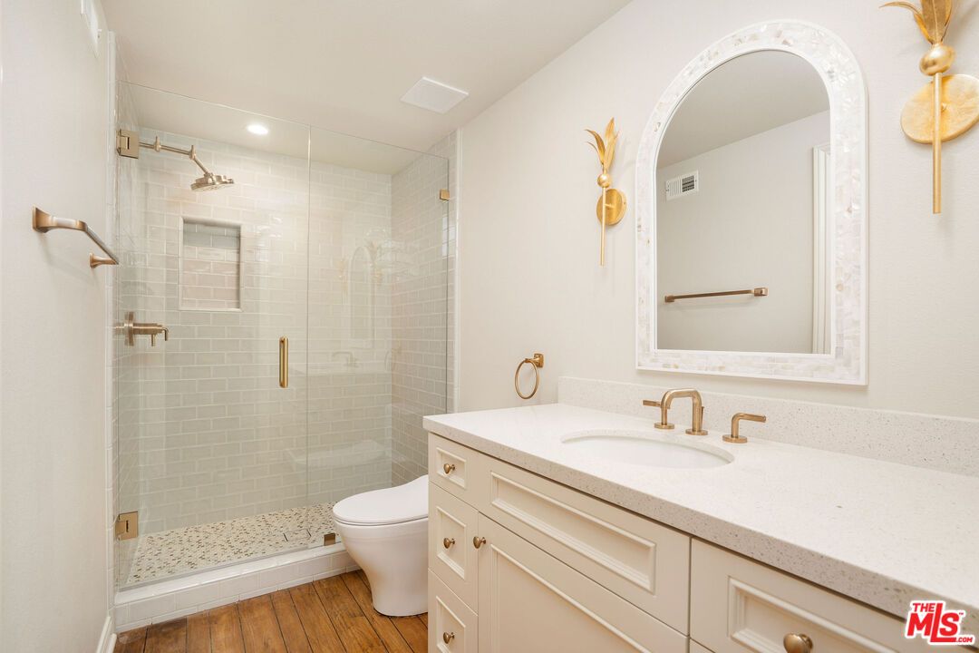 Bathroom, Glass Shower, Interior, Recessed Lighting, Wood Texture Flooring