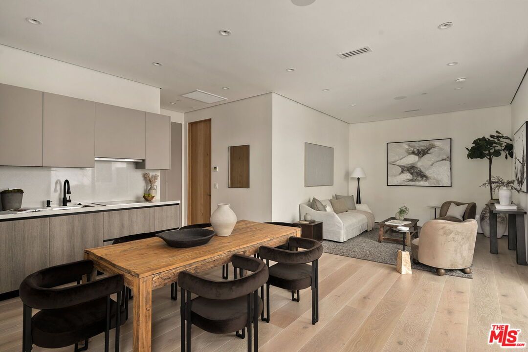 Dining room, Interior, Kitchen, Living room, Recessed Lighting, Stainless Steel Appliances, Wood Texture Flooring