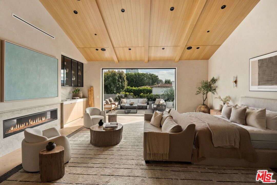 Bedroom, Fireplace, Interior, Living room, Recessed Lighting, Wooden Ceilings, Wood Texture Flooring