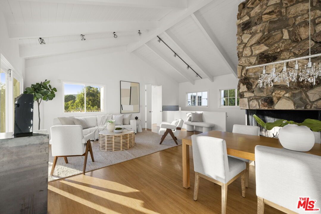 Dining room, Fireplace, Interior, Living room, Stone Walls, Wood Texture Flooring