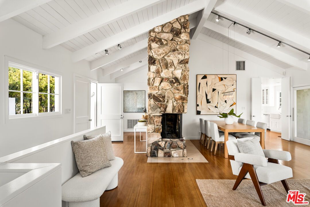 Dining room, Fireplace, Interior, Stone Walls, Wood Texture Flooring