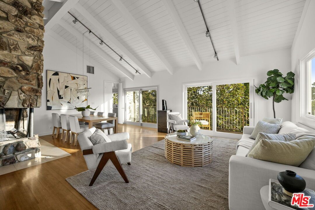 Dining room, Fireplace, Interior, Living room, Stone Walls, Wood Texture Flooring