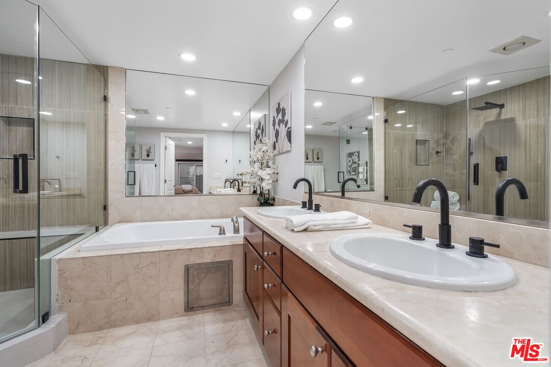 Bathroom, Dual Sink Vanities, Glass Shower, Interior, Marble, Recessed Lighting