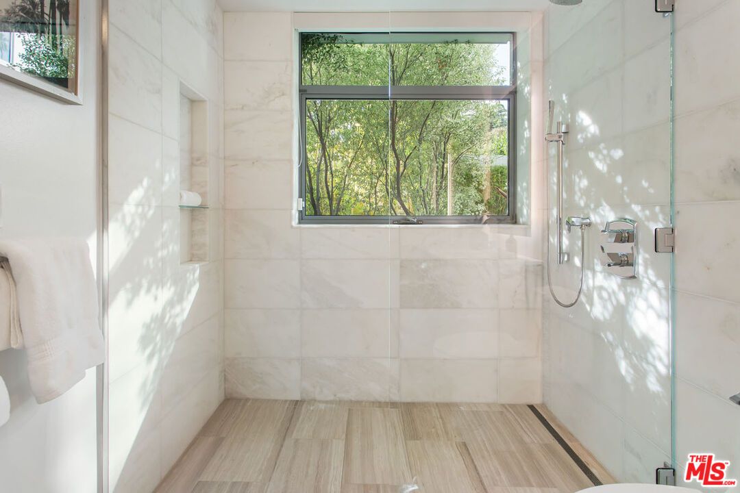 Bathroom, Glass Shower, Interior, Marble Walls, Wood Texture Flooring