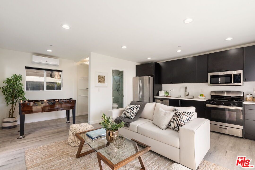 Interior, Kitchen, Living room, Recessed Lighting, Stainless Steel Appliances, Wood Texture Flooring