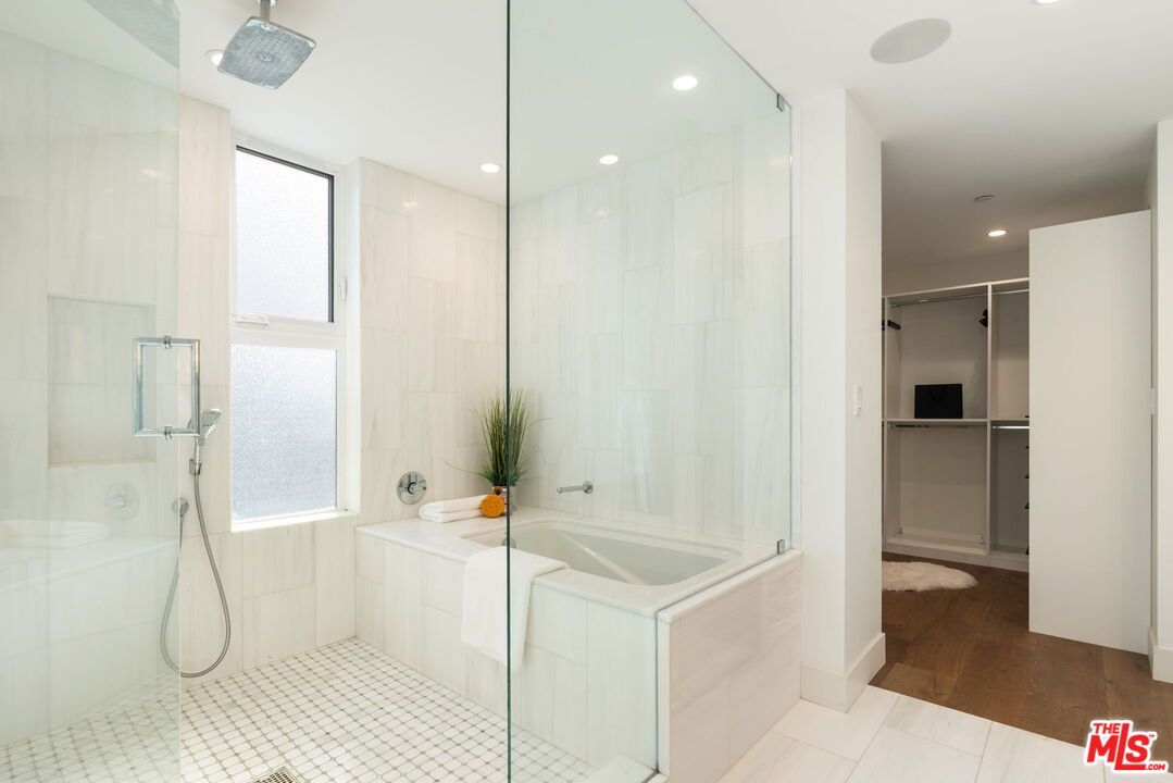 Bathroom, Glass Shower, Interior, Recessed Lighting, Wood Texture Flooring