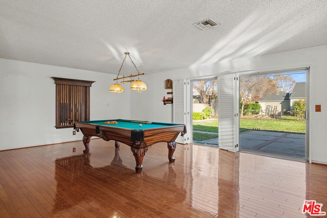 Billiard Table, Game Room, Interior, Pendant Lights, Wood Texture Flooring