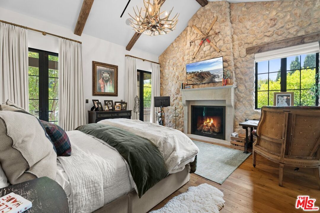 Bedroom, Fireplace, Interior, Pendant Lights, Stone Walls, Wooden Beams, Wood Texture Flooring
