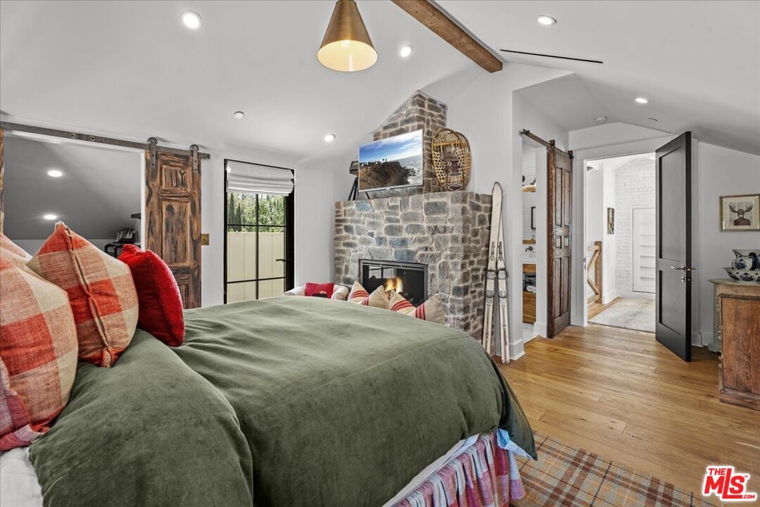 Bedroom, Fireplace, Interior, Recessed Lighting, Wooden Beams, Wood Texture Flooring