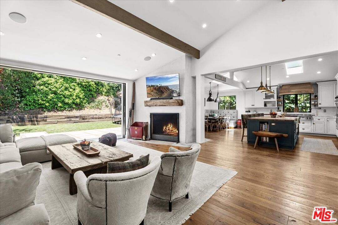 Dining room, Fireplace, Interior, Kitchen, Living room, Pendant Lights, Recessed Lighting, Wooden Beams, Wood Texture Flooring