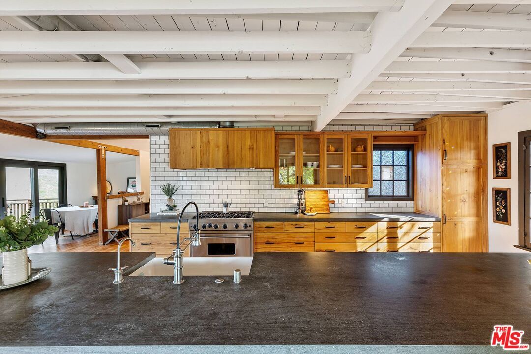 Interior, Kitchen, Stainless Steel Appliances, Stone Walls, Wood Texture Flooring