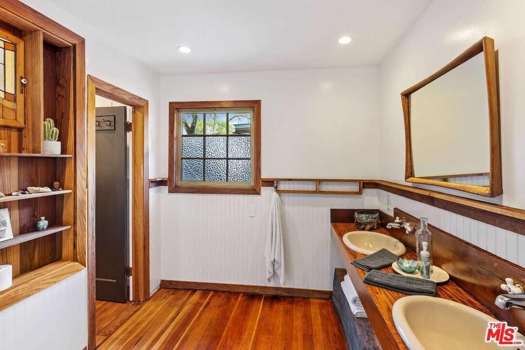 Bathroom, Dual Sink Vanities, Interior, Recessed Lighting, Wood Texture Flooring