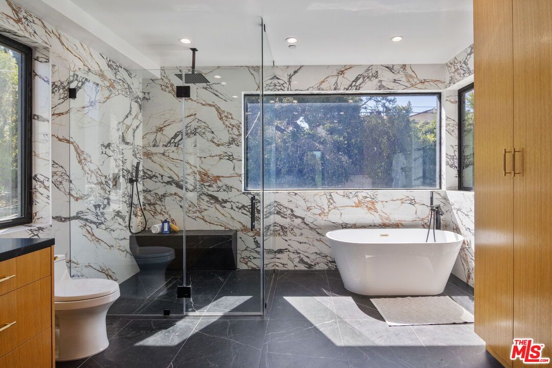Bathroom, Free Standing Baths, Interior, Marble Walls, Recessed Lighting