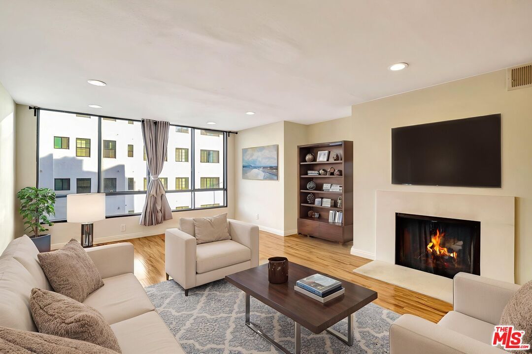 Fireplace, Interior, Living room, Recessed Lighting, Wood Texture Flooring