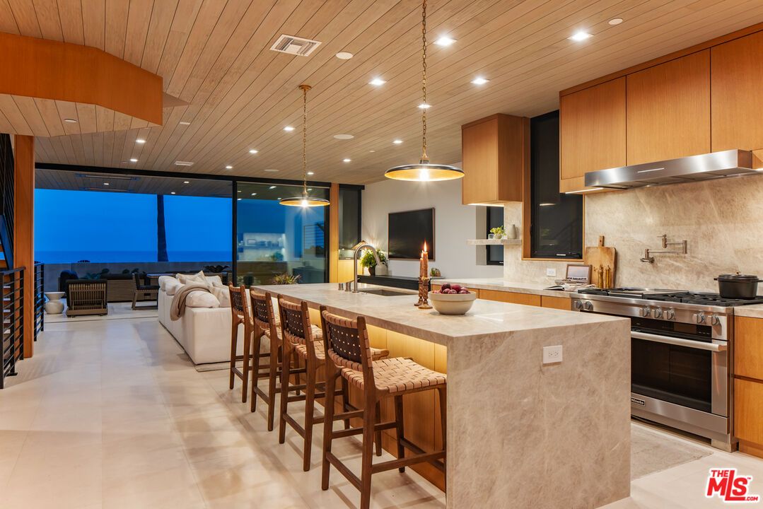 Interior, Kitchen, Pendant Lights, Recessed Lighting, Stainless Steel Appliances, Water, Wooden Ceilings