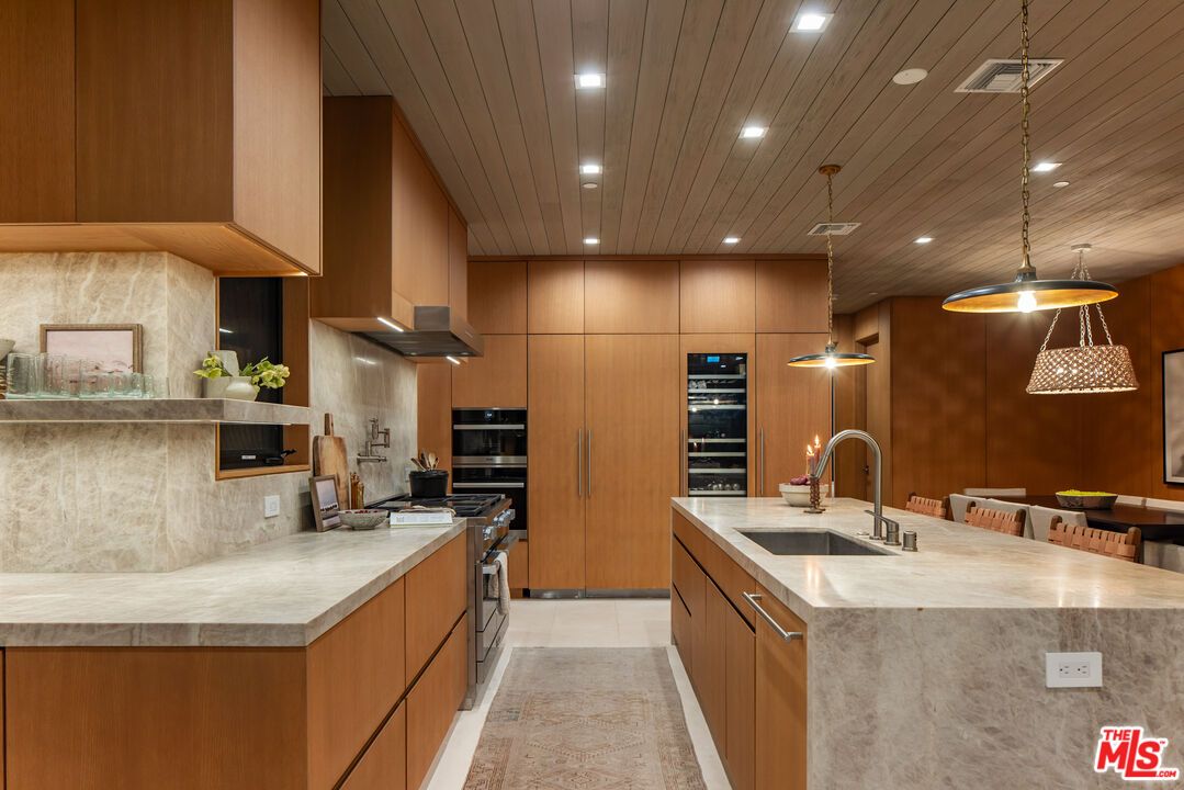 Interior, Kitchen, Pendant Lights, Recessed Lighting, Stainless Steel Appliances, Wooden Ceilings
