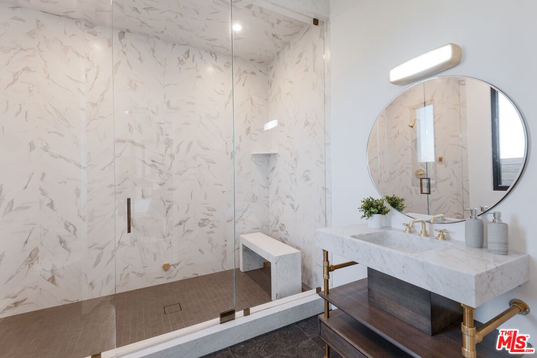 Bathroom, Glass Shower, Interior, Marble Walls, Recessed Lighting