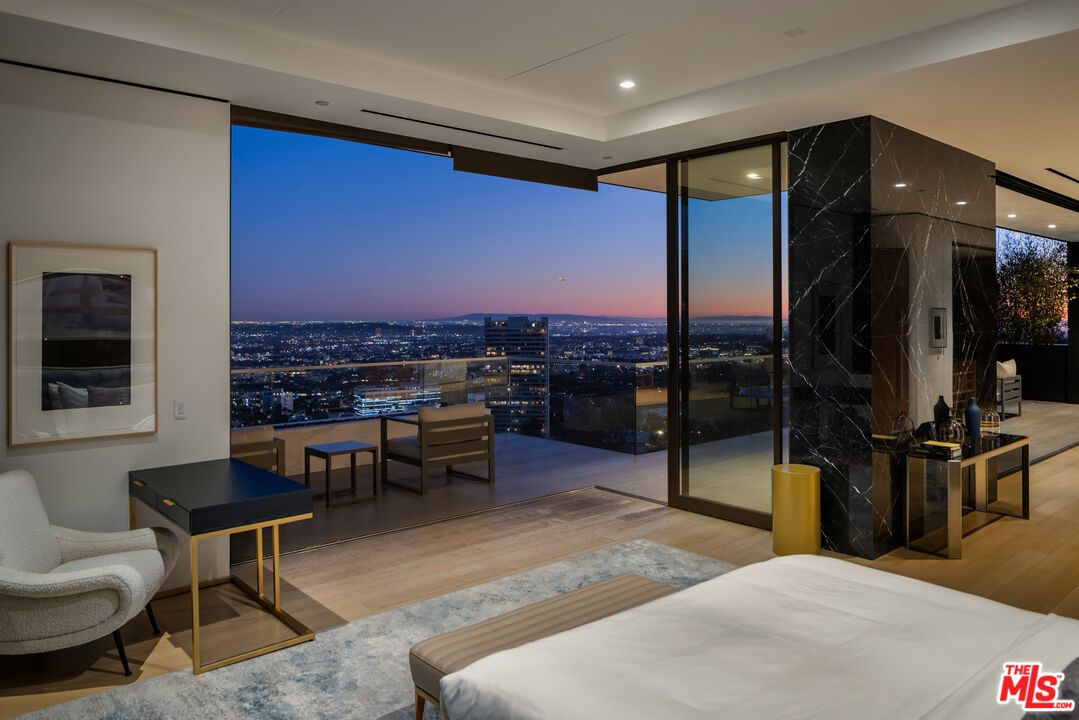 Bedroom, Interior, Marble Walls, Recessed Lighting, Wood Texture Flooring