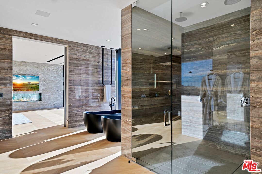 Bathroom, Glass Shower, Interior, Recessed Lighting, Wood Texture Flooring