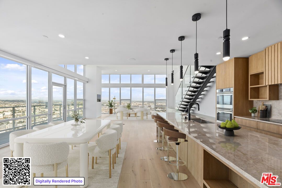 Dining room, Interior, Kitchen, Pendant Lights, Recessed Lighting, Wood Texture Flooring