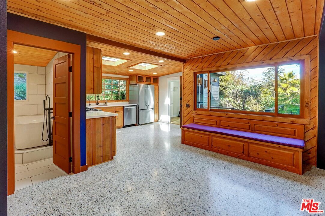 Interior, Kitchen, Recessed Lighting, Stainless Steel Appliances, Wooden Ceilings, Wooden Walls