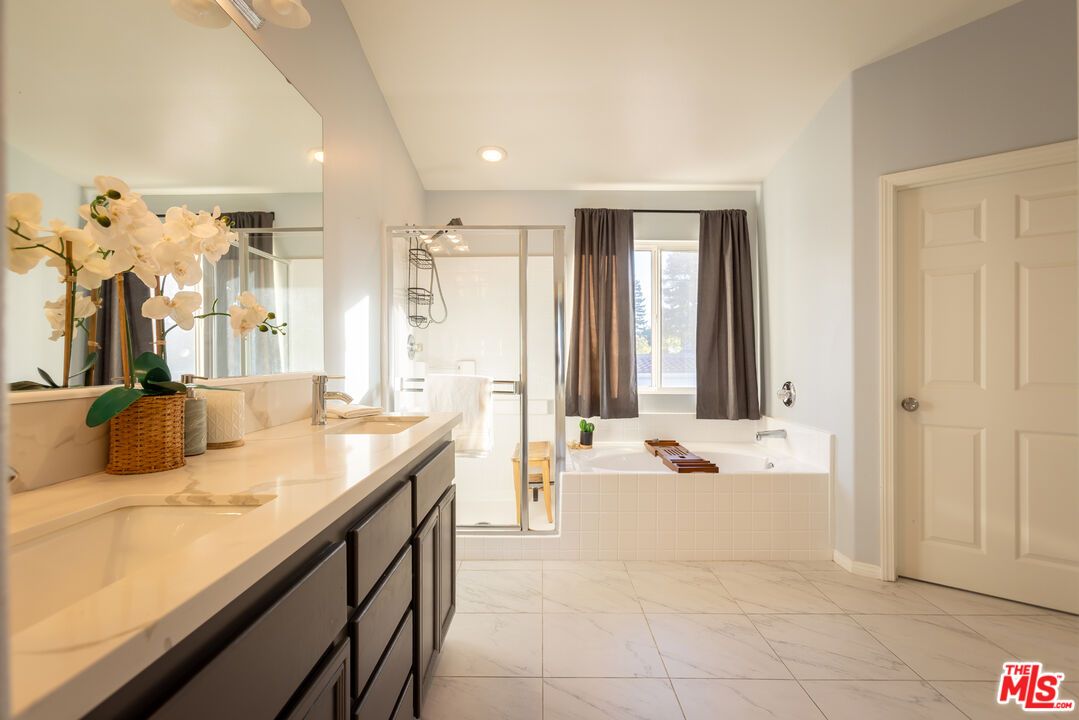 Bathroom, Dual Sink Vanities, Glass Shower, Interior, Marble, Recessed Lighting