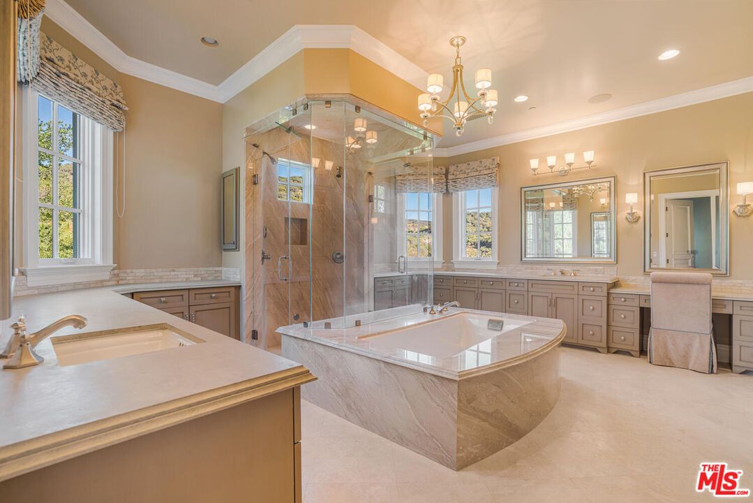 Bathroom, Chandelier, Dual Sink Vanities, Glass Shower, Interior, Recessed Lighting