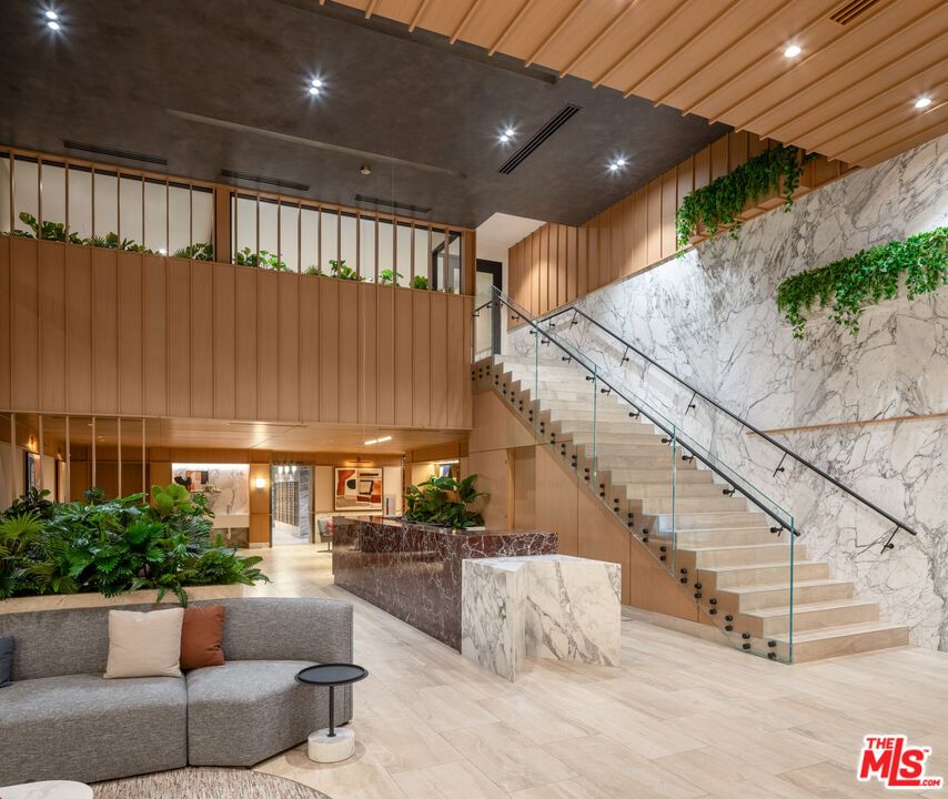 Interior, Marble Walls, Recessed Lighting, Wood Texture Flooring