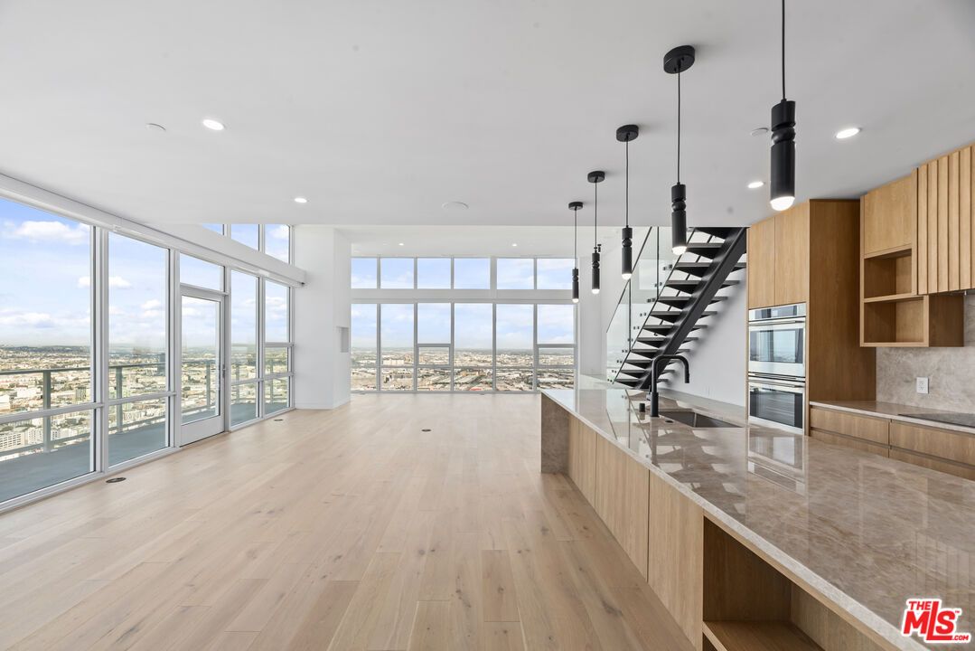 Empty room, Interior, Kitchen, Pendant Lights, Recessed Lighting, Wood Texture Flooring