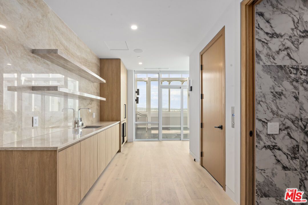 Interior, Kitchen, Marble Walls, Recessed Lighting, Wood Texture Flooring