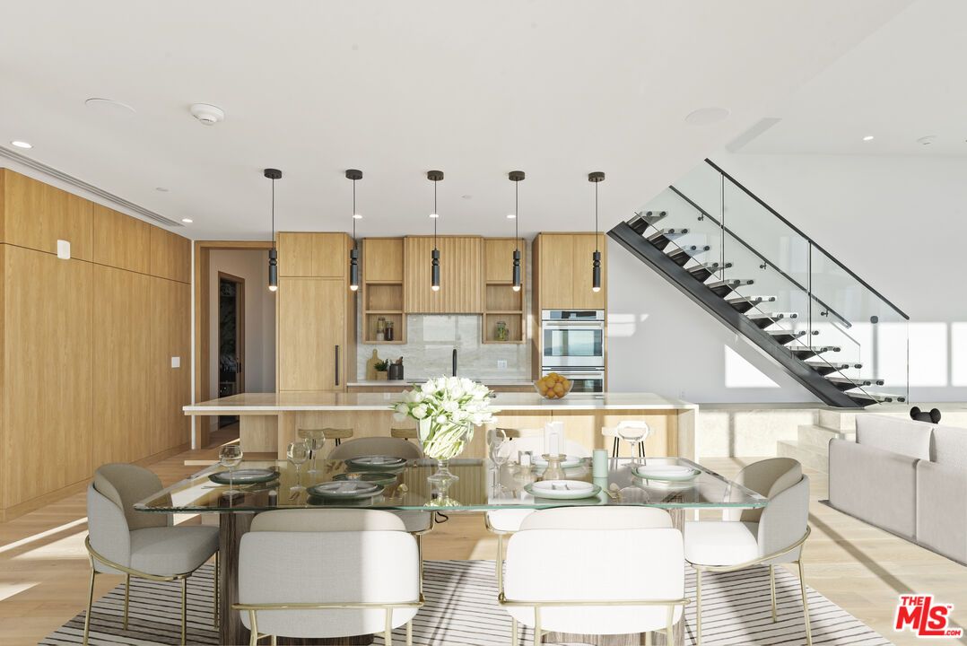 Dining room, Interior, Kitchen, Pendant Lights, Recessed Lighting, Wood Texture Flooring