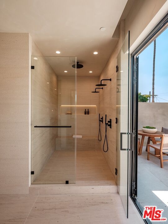 Bathroom, Glass Shower, Interior, Recessed Lighting, Wood Texture Flooring