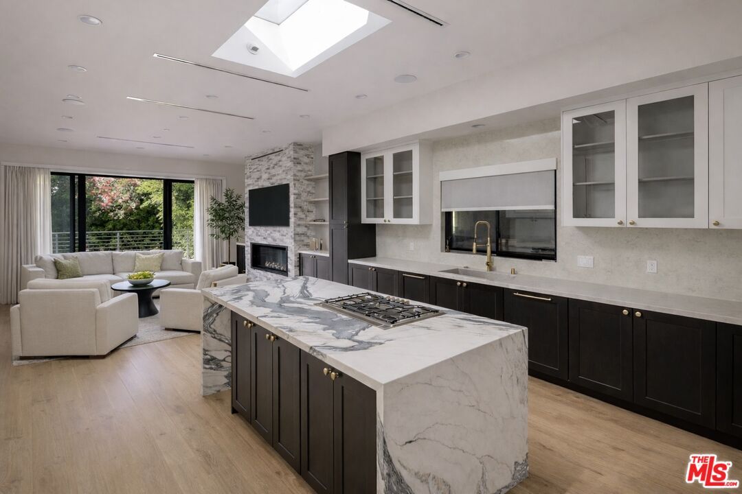 Fireplace, Interior, Kitchen, Living room, Recessed Lighting, Wood Texture Flooring