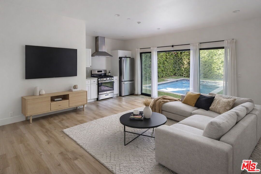 Interior, Kitchen, Living room, Recessed Lighting, Stainless Steel Appliances, Wood Texture Flooring