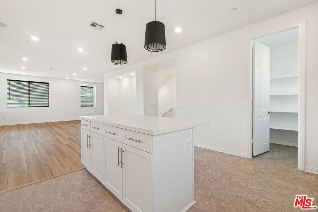 Empty room, Interior, Pendant Lights, Recessed Lighting, Wood Texture Flooring