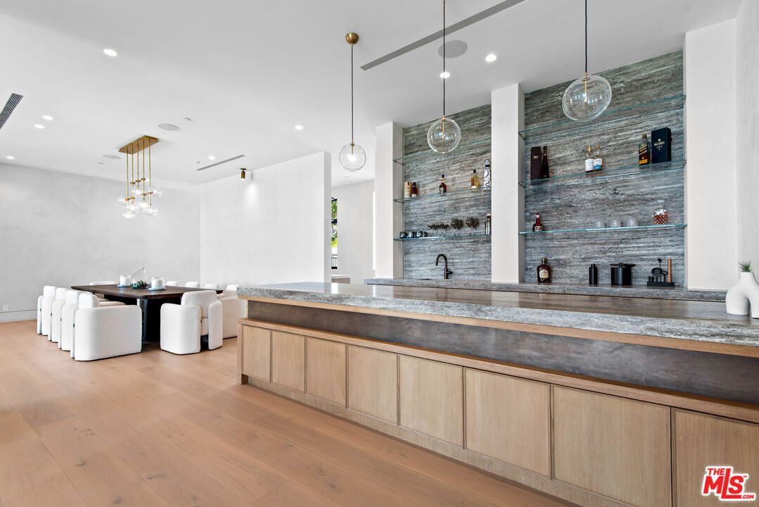 Dining room, Interior, Pendant Lights, Recessed Lighting, Stone Walls, Wood Texture Flooring
