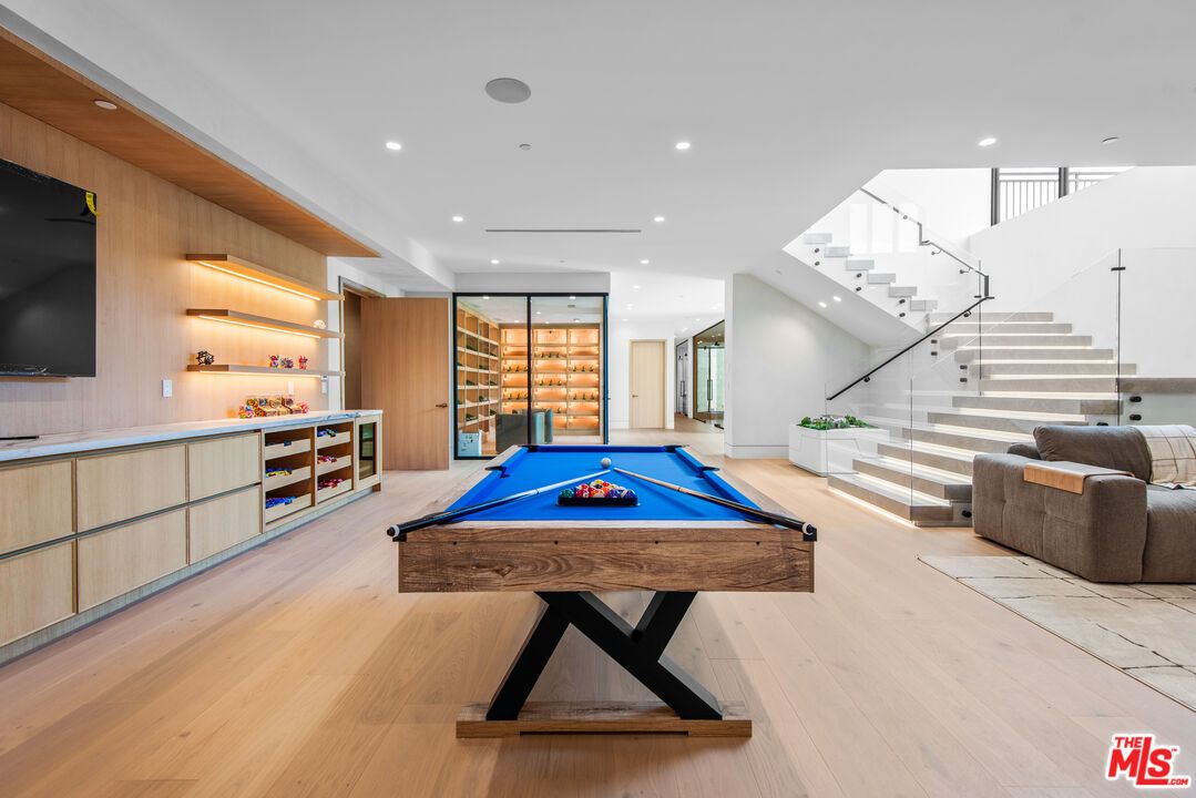 Billiard Table, Game Room, Interior, Recessed Lighting, Wine Storage, Wood Texture Flooring