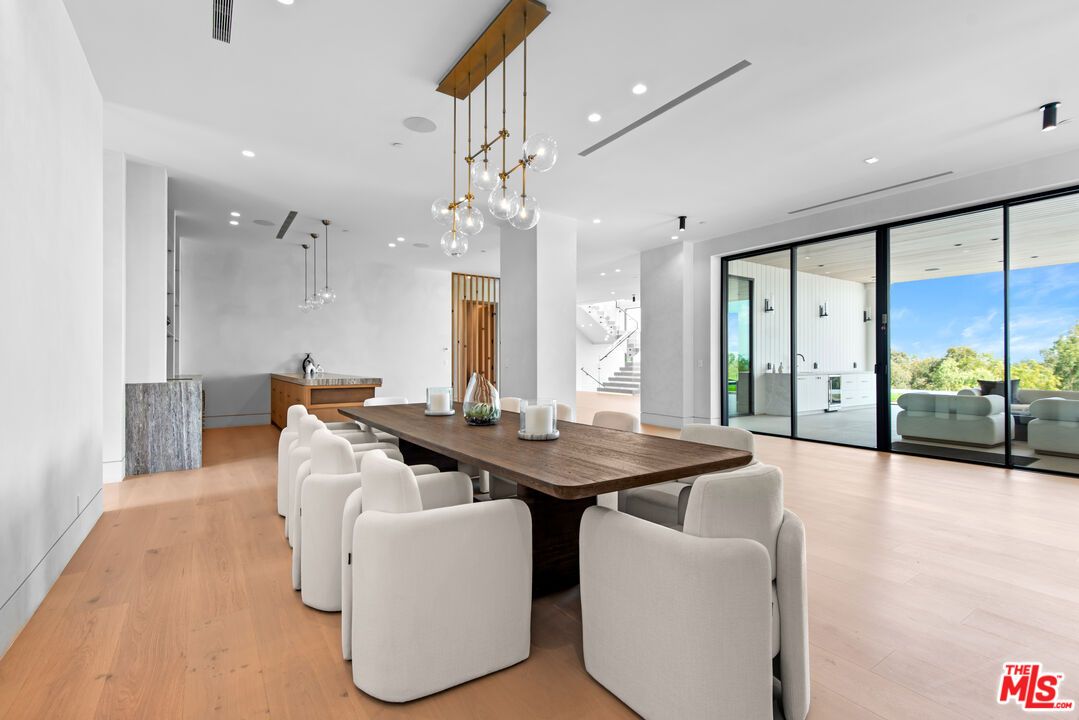 Dining room, Interior, Pendant Lights, Recessed Lighting, Wood Texture Flooring