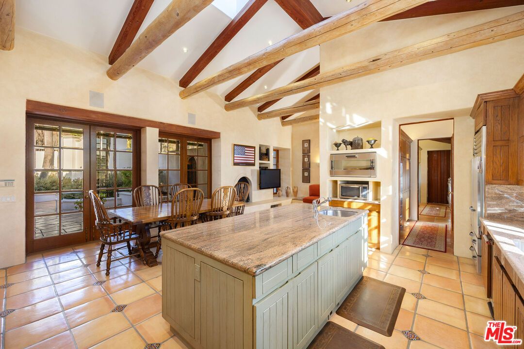 Dining room, Fireplace, Interior, Kitchen, Recessed Lighting, Wooden Beams