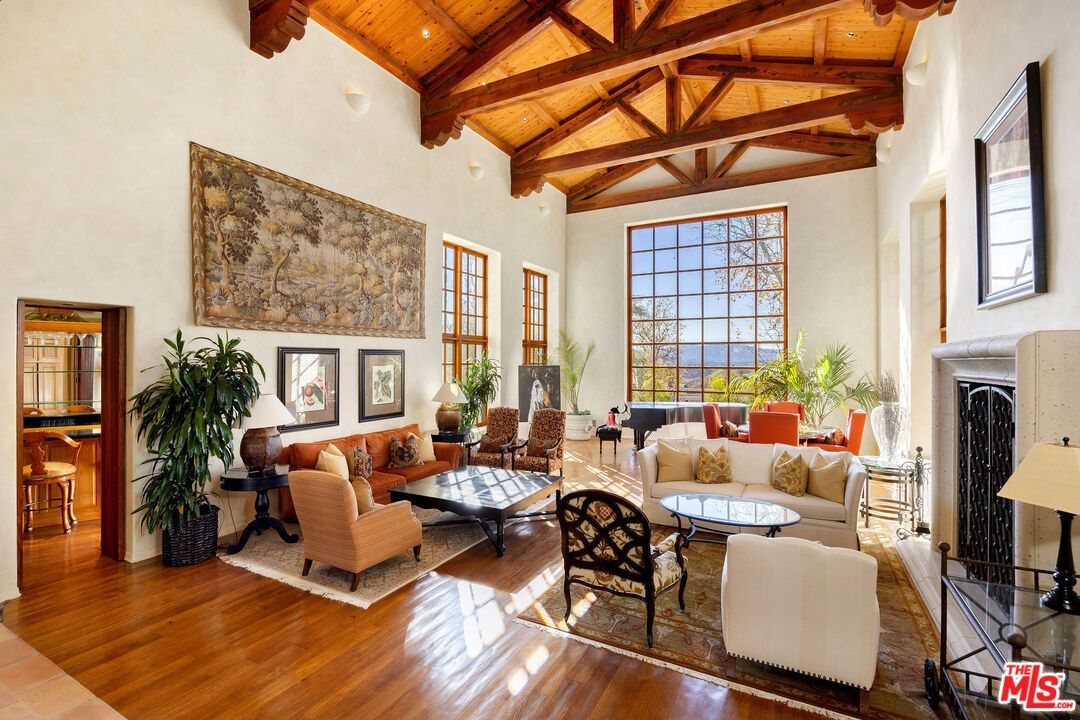 Fireplace, Interior, Living room, Recessed Lighting, Wooden Beams, Wooden Ceilings, Wood Texture Flooring