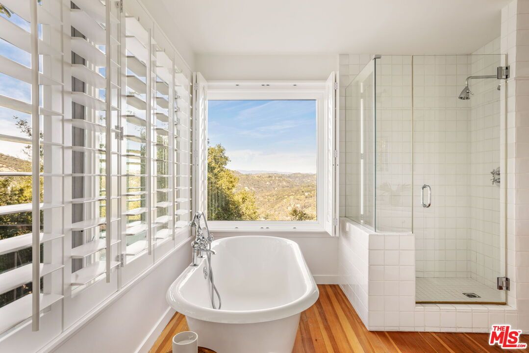 Bathroom, Free Standing Baths, Glass Shower, Interior, Wood Texture Flooring