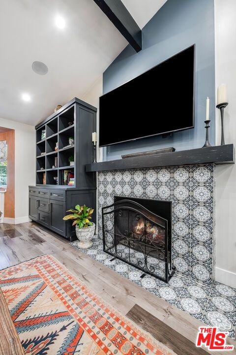 Fireplace, Interior, Recessed Lighting, Wooden Beams, Wood Texture Flooring