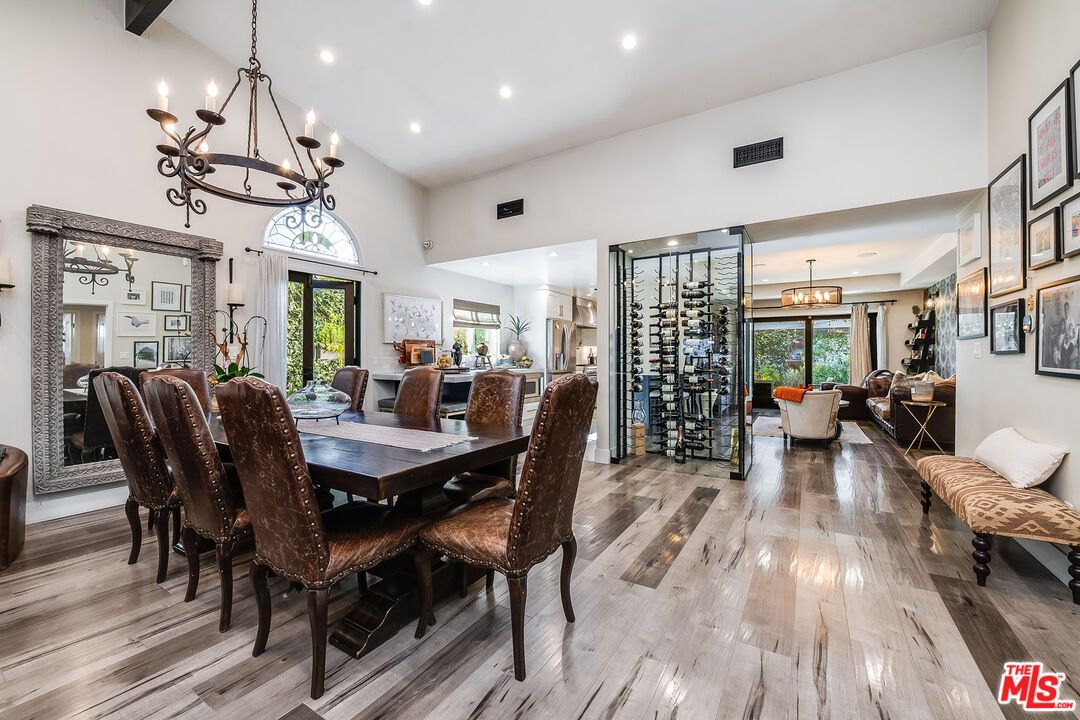 Chandelier, Dining room, Interior, Living room, Pendant Lights, Recessed Lighting, Wine Storage, Wood Texture Flooring