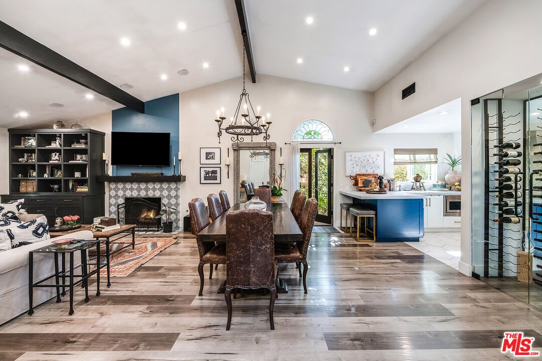 Chandelier, Dining room, Fireplace, Interior, Kitchen, Living room, Recessed Lighting, Wooden Beams, Wood Texture Flooring