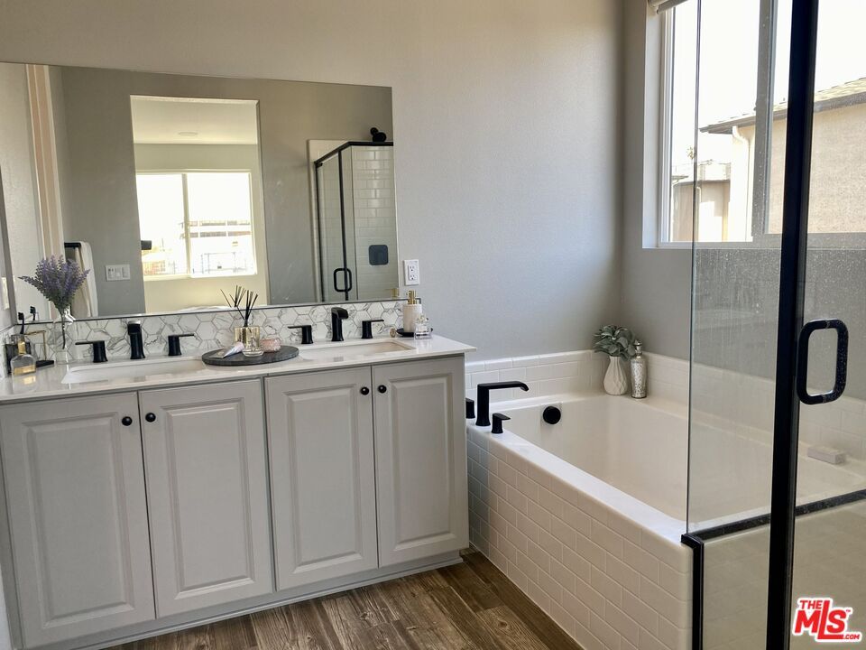 Bathroom, Dual Sink Vanities, Glass Shower, Interior, Wood Texture Flooring