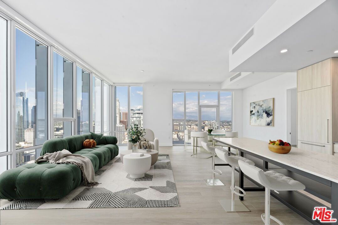 Dining room, Interior, Living room, Recessed Lighting, Wood Texture Flooring