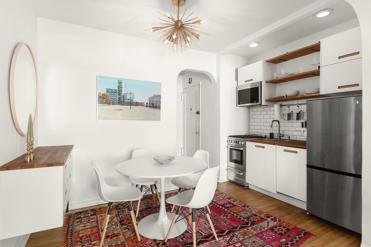 Dining room, Interior, Kitchen, Recessed Lighting, Stainless Steel Appliances, Wood Texture Flooring