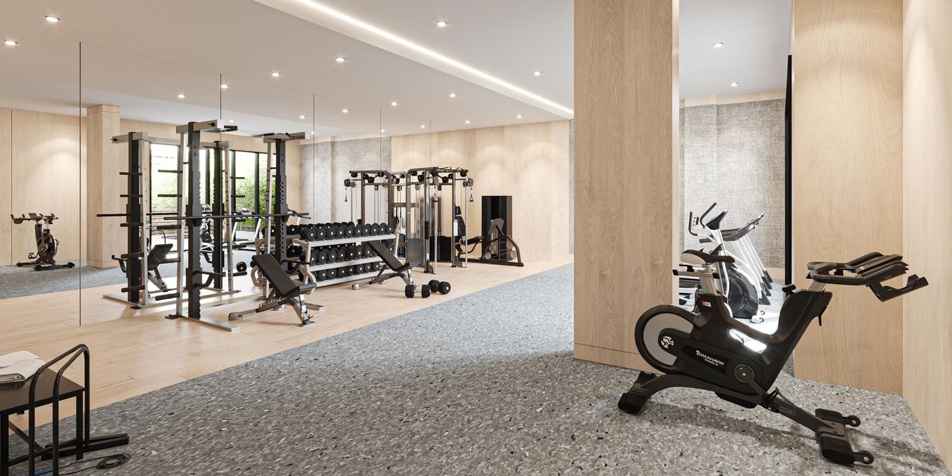 Fitness Equipment, Gym, Interior, Recessed Lighting, Wood Texture Flooring