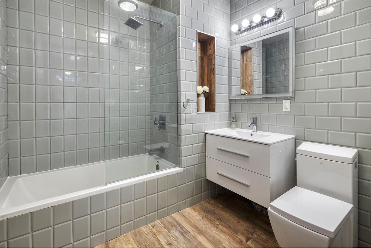 Bathroom, Glass Shower, Interior, Wood Texture Flooring