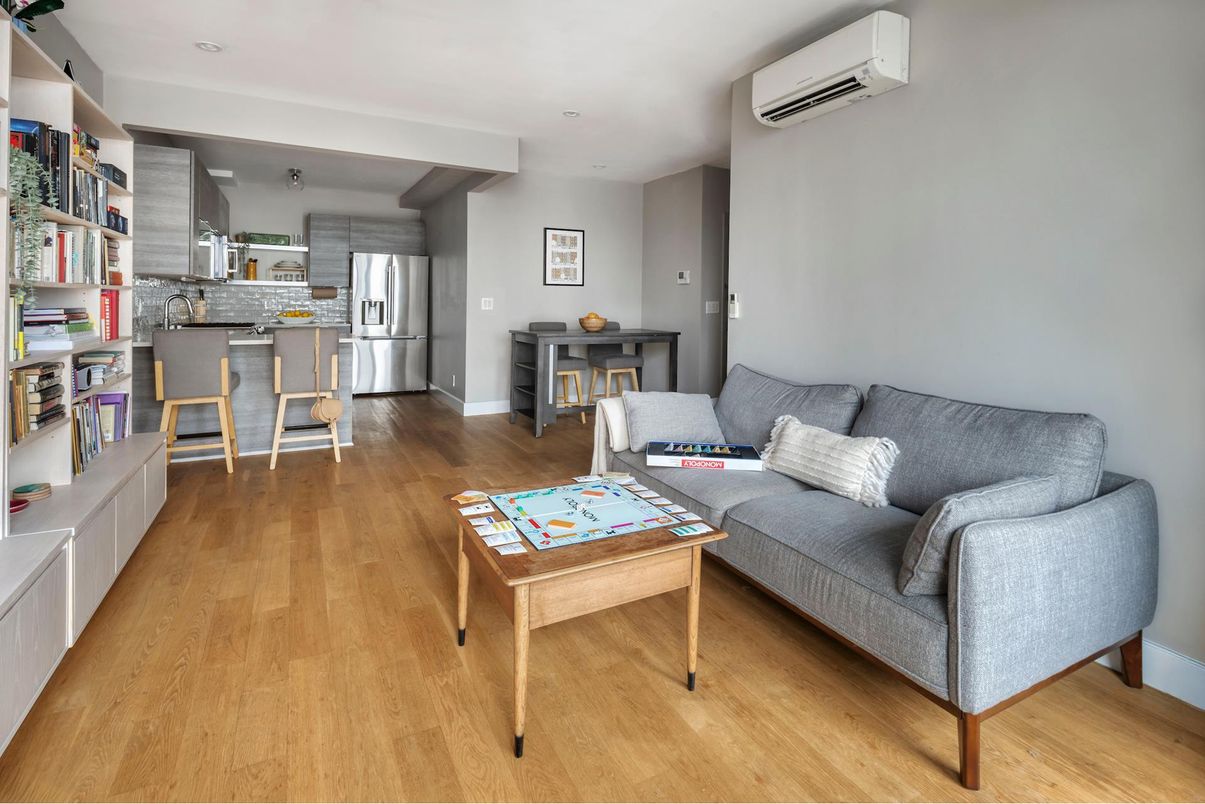 Interior, Kitchen, Living room, Recessed Lighting, Stainless Steel Appliances, Wood Texture Flooring